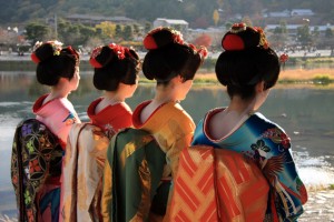 Japanese geisha wearing kimonos