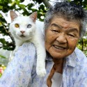 Japanese grandmother with her cat