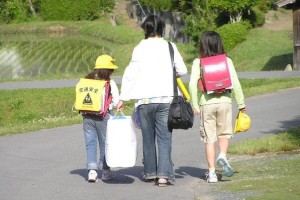 Elementary school students going to school with their mother